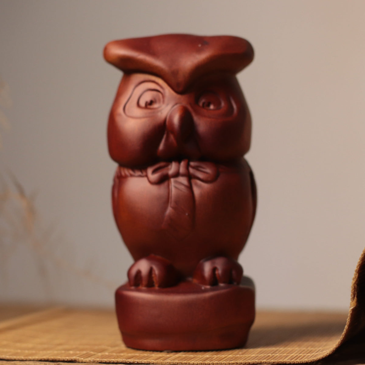 Bow Tie Owl Figurine in Khaya Wood