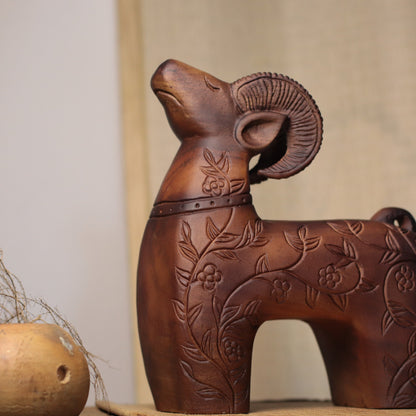 Floral Carved Goat Sculpture in Khaya Wood