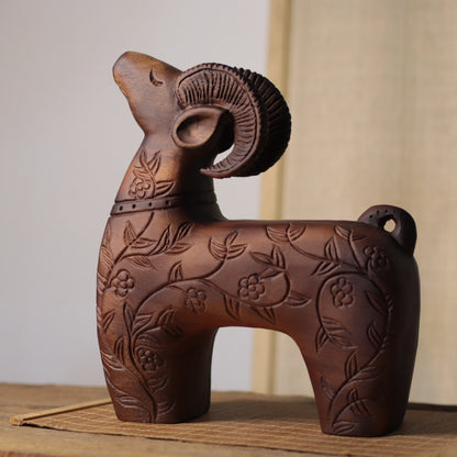 Floral Carved Goat Sculpture in Khaya Wood