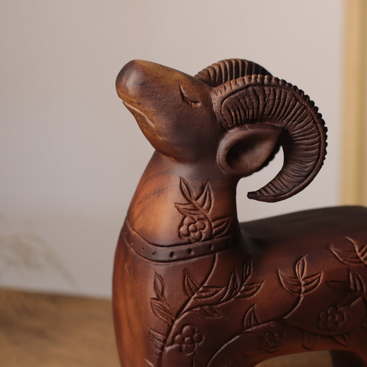 Floral Carved Goat Sculpture in Khaya Wood