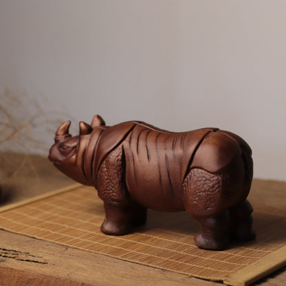 Hand-Carved Rhino Figurine in Khaya Wood