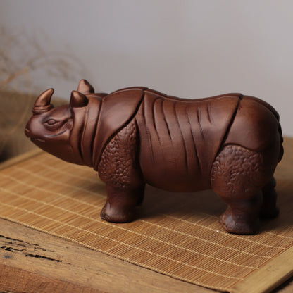 Hand-Carved Rhino Figurine in Khaya Wood
