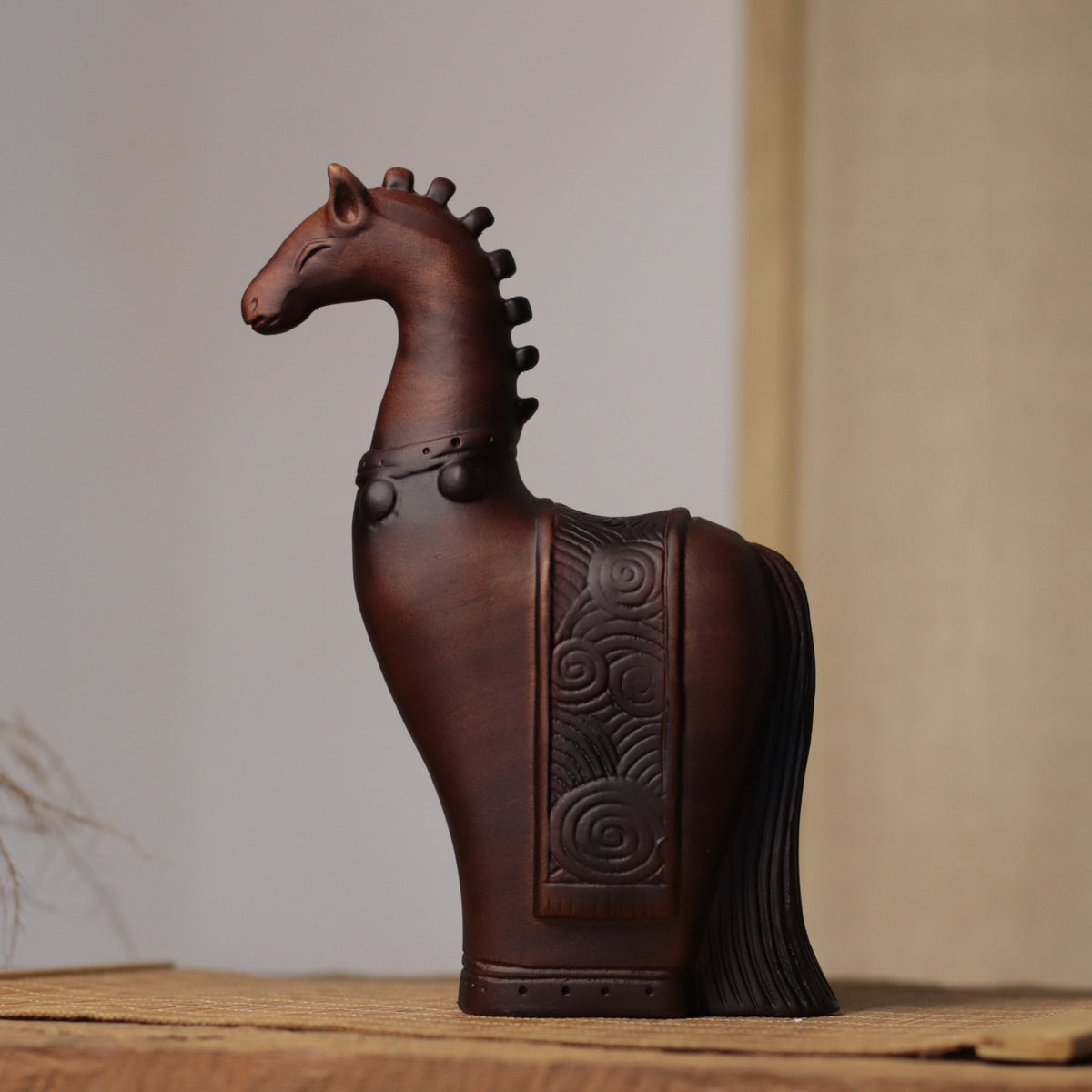 Tall-Neck Horse Figurine in Khaya Wood