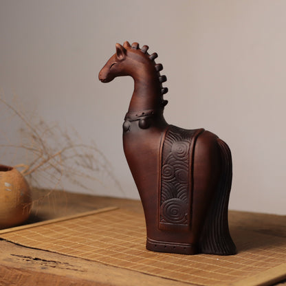 Tall-Neck Horse Figurine in Khaya Wood