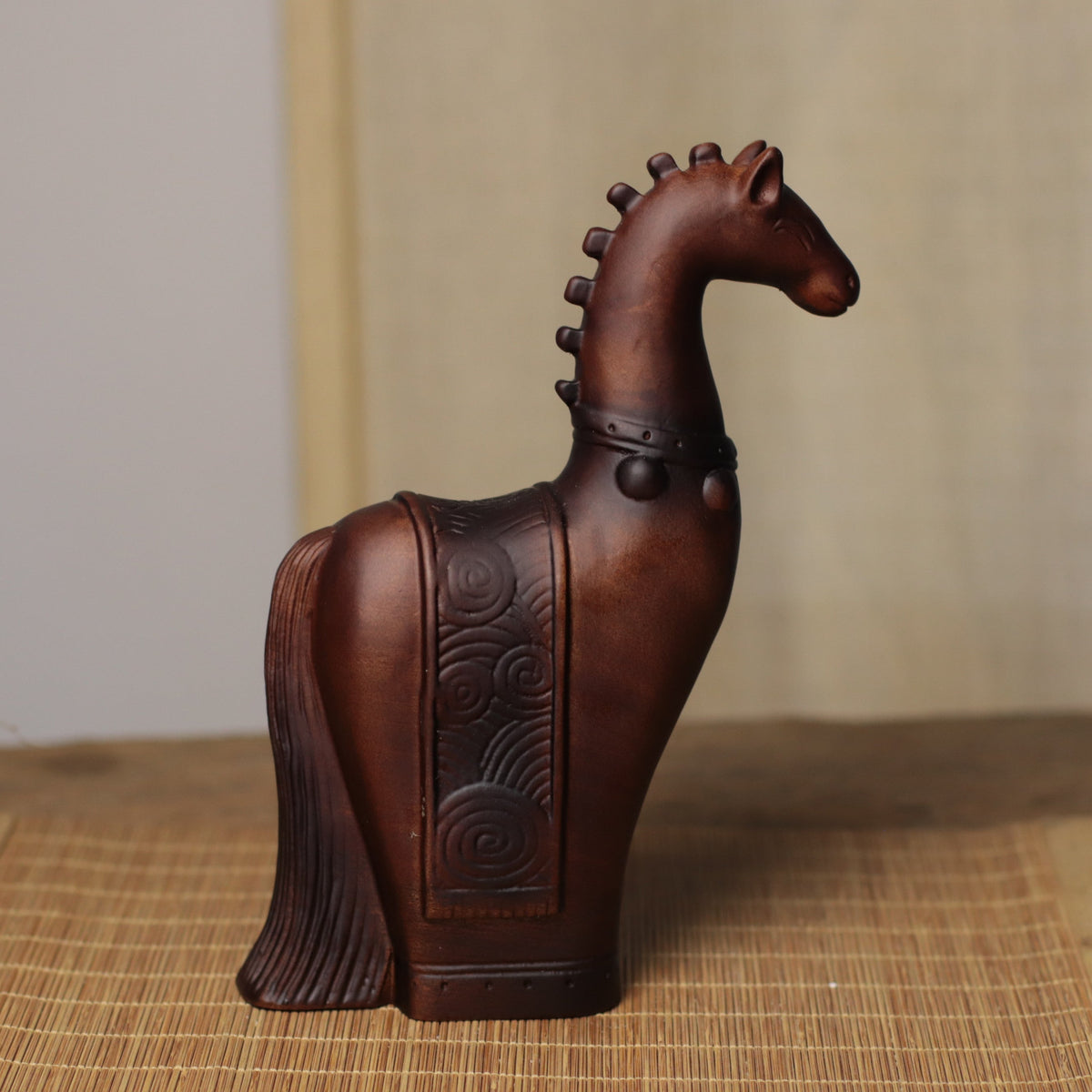 Tall-Neck Horse Figurine in Khaya Wood