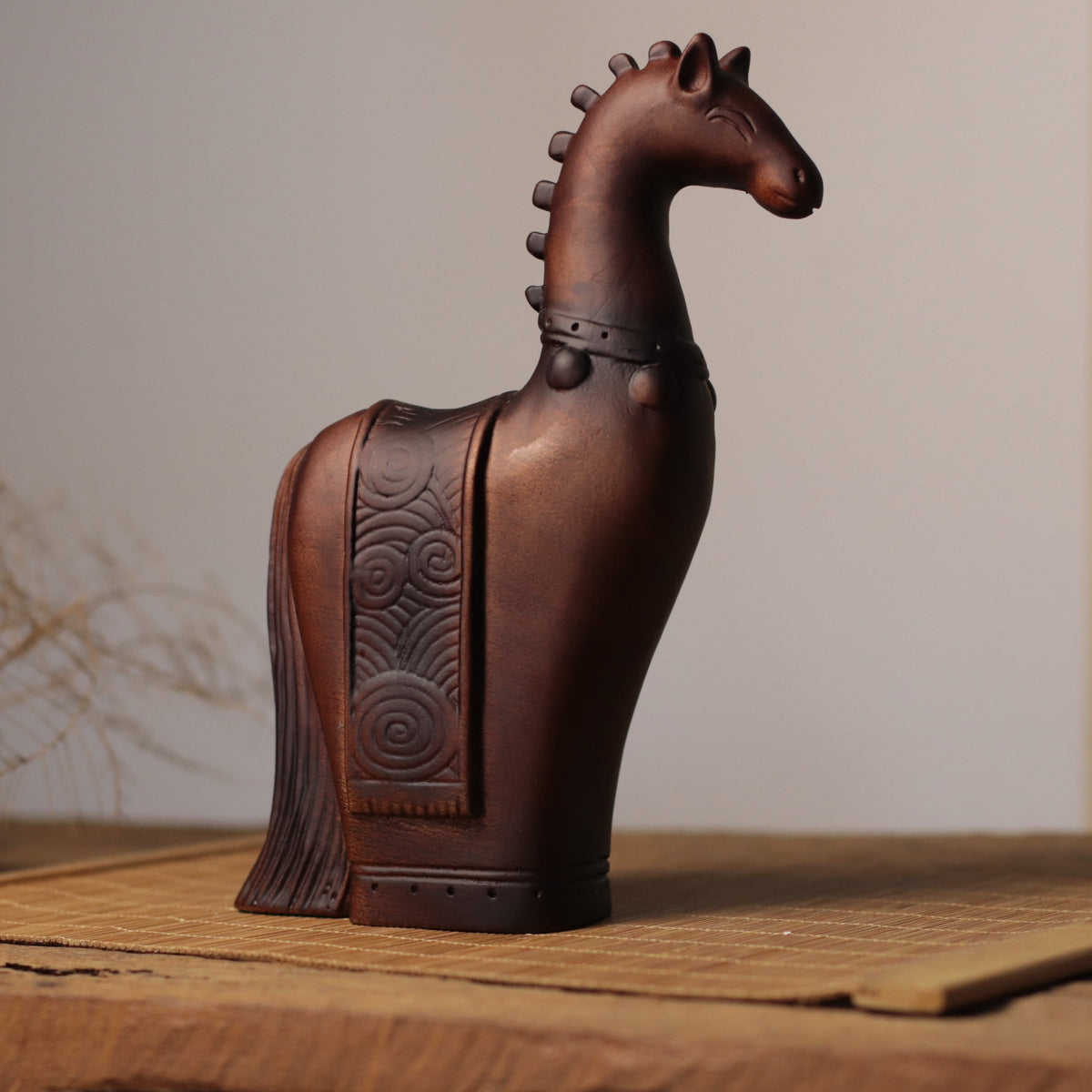 Tall-Neck Horse Figurine in Khaya Wood