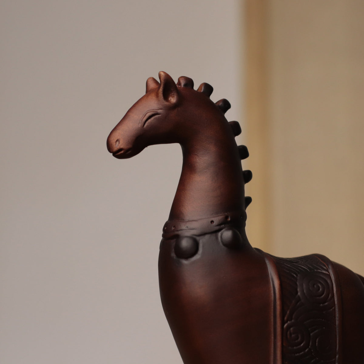 Tall-Neck Horse Figurine in Khaya Wood
