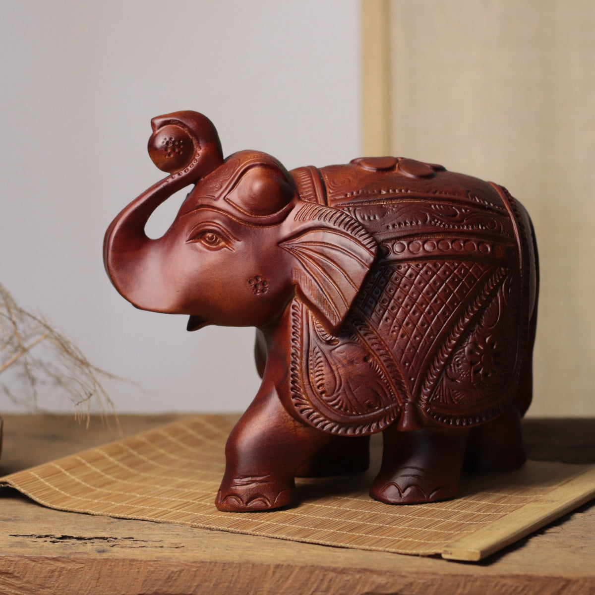 Indian-Inspired Elephant Sculpture in Khaya Wood