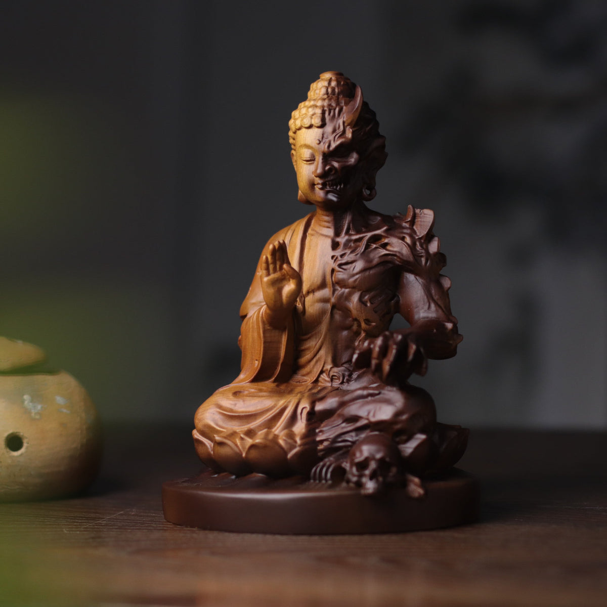 Buddha & Demon Duality Sculpture in Cypress Wood