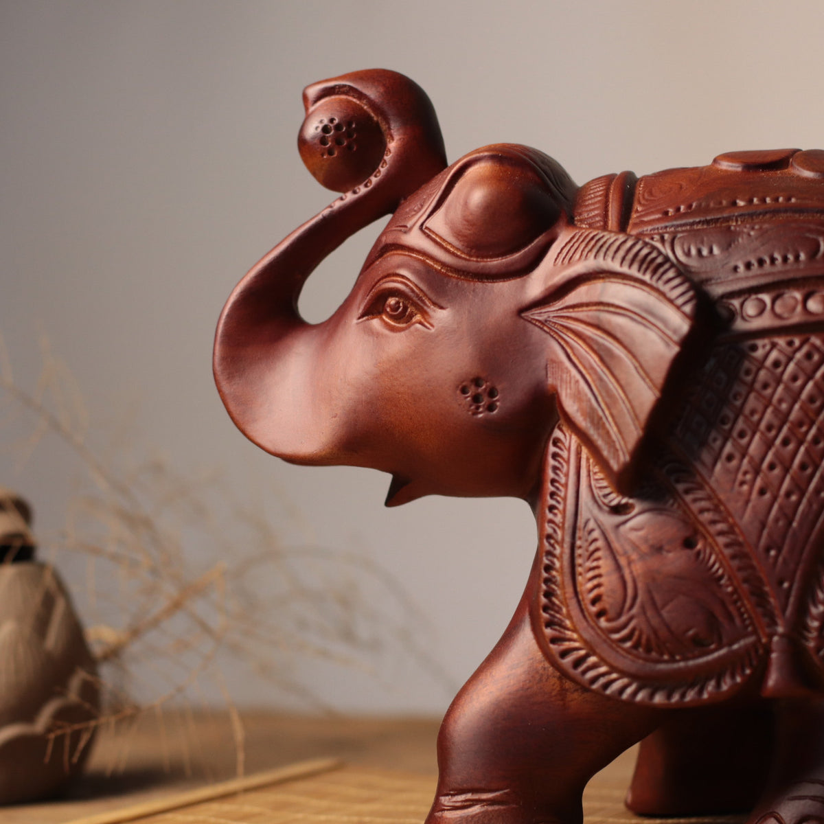 Indian-Inspired Elephant Sculpture in Khaya Wood