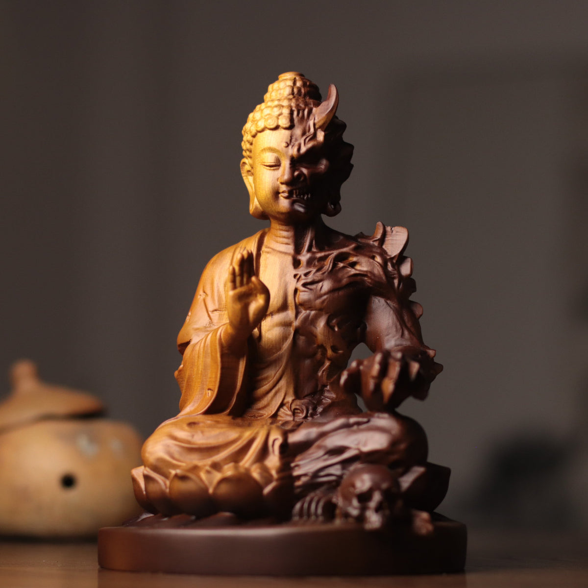 Buddha & Demon Duality Sculpture in Cypress Wood