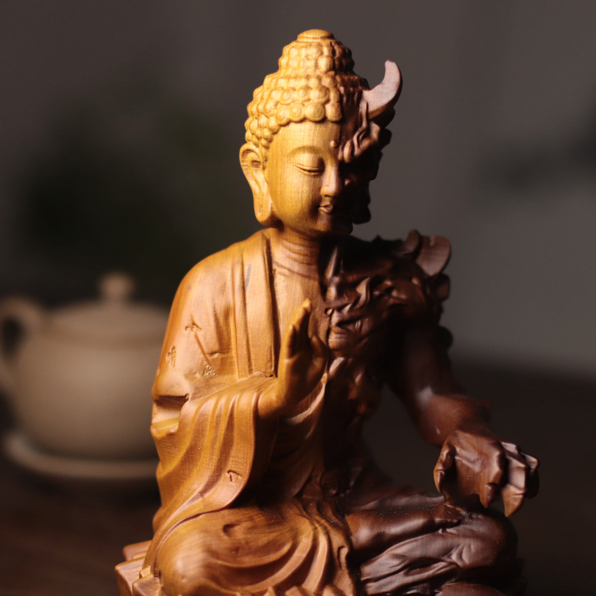 Buddha & Demon Duality Sculpture in Cypress Wood