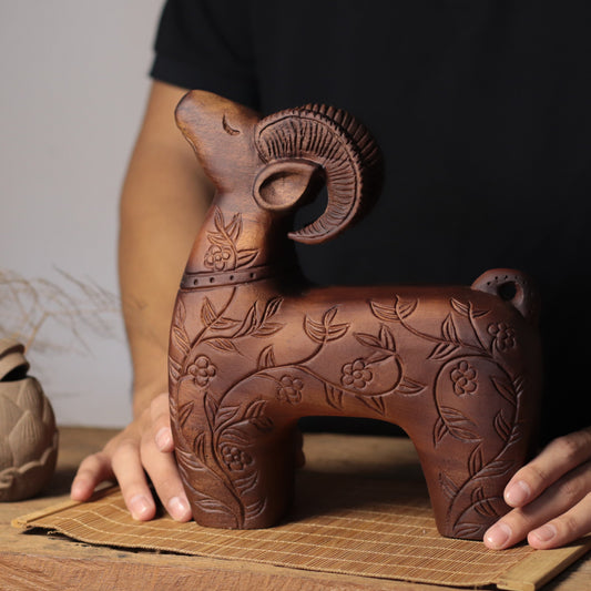 Floral Carved Goat Sculpture in Khaya Wood