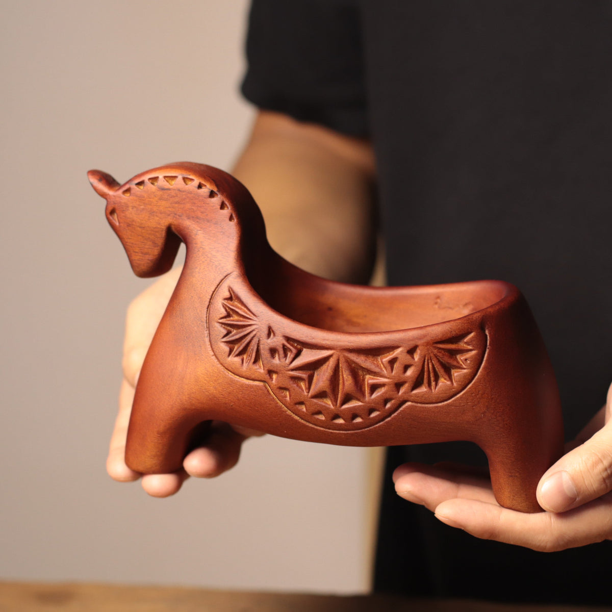 Horse Catchall Tray in Carved Khaya Wood