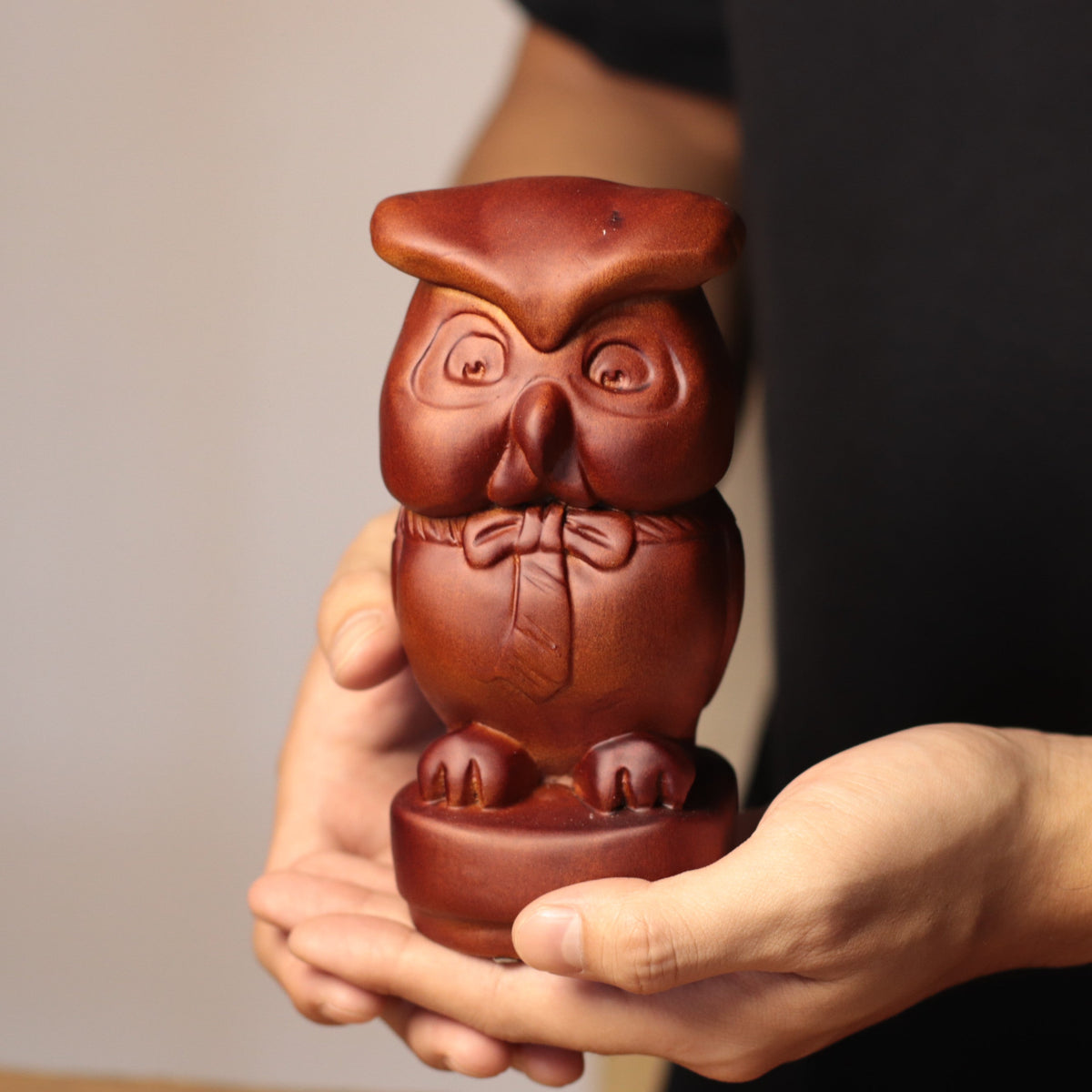 Bow Tie Owl Figurine in Khaya Wood