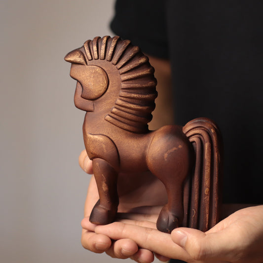 Spiral-Mane Horse Figurine in Khaya Wood