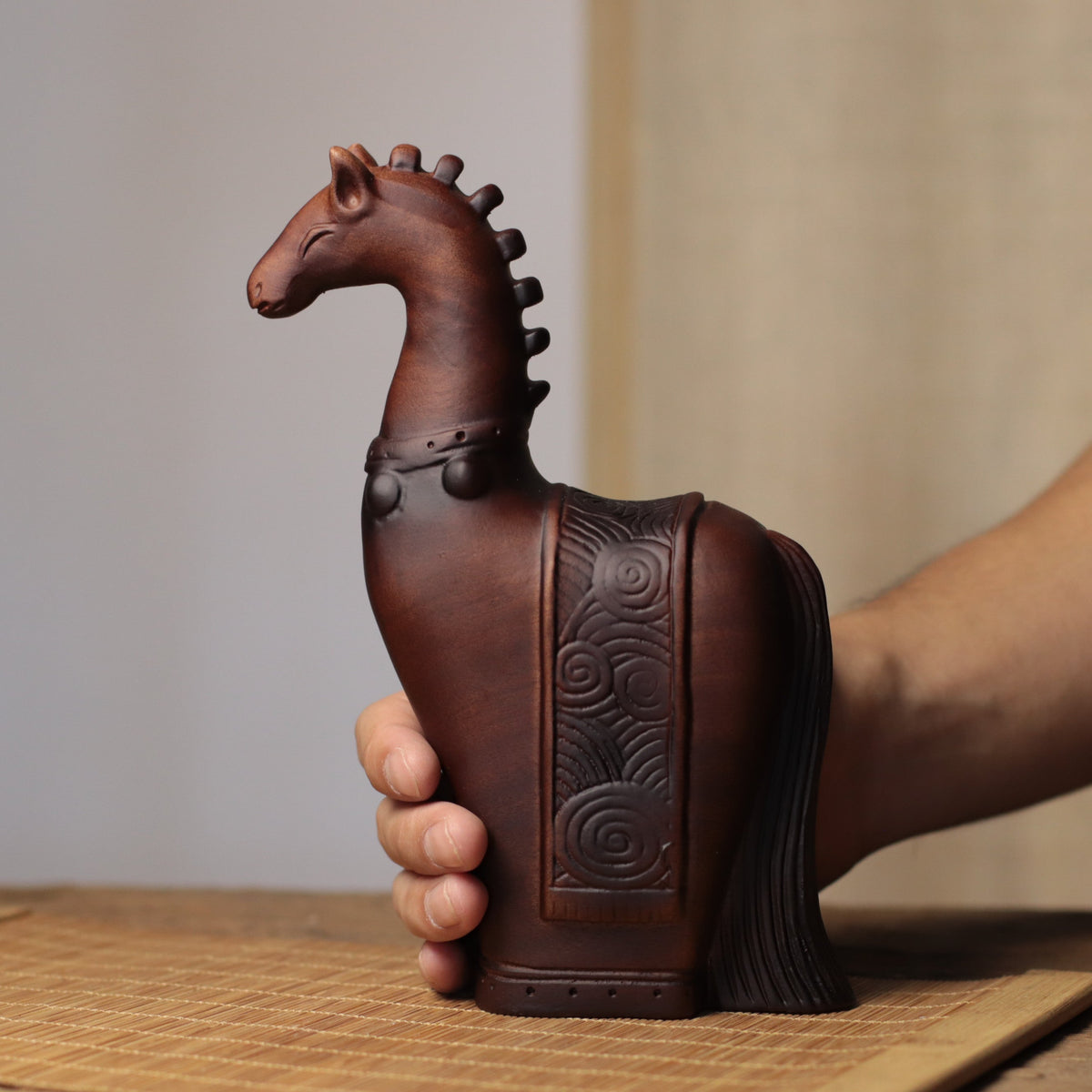 Tall-Neck Horse Figurine in Khaya Wood