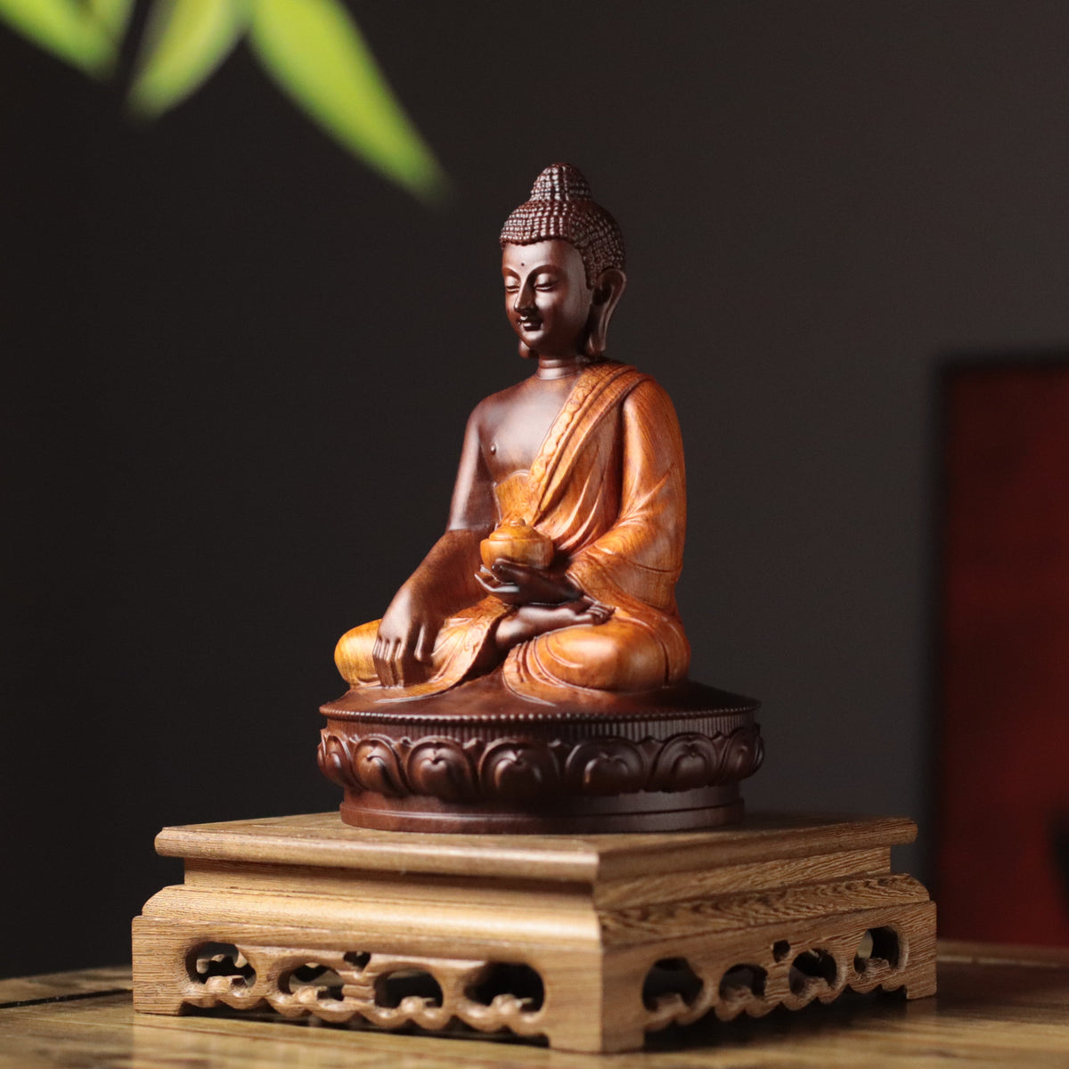 Buddha with Alms Bowl Statue in Padauk Wood — Product photo 4