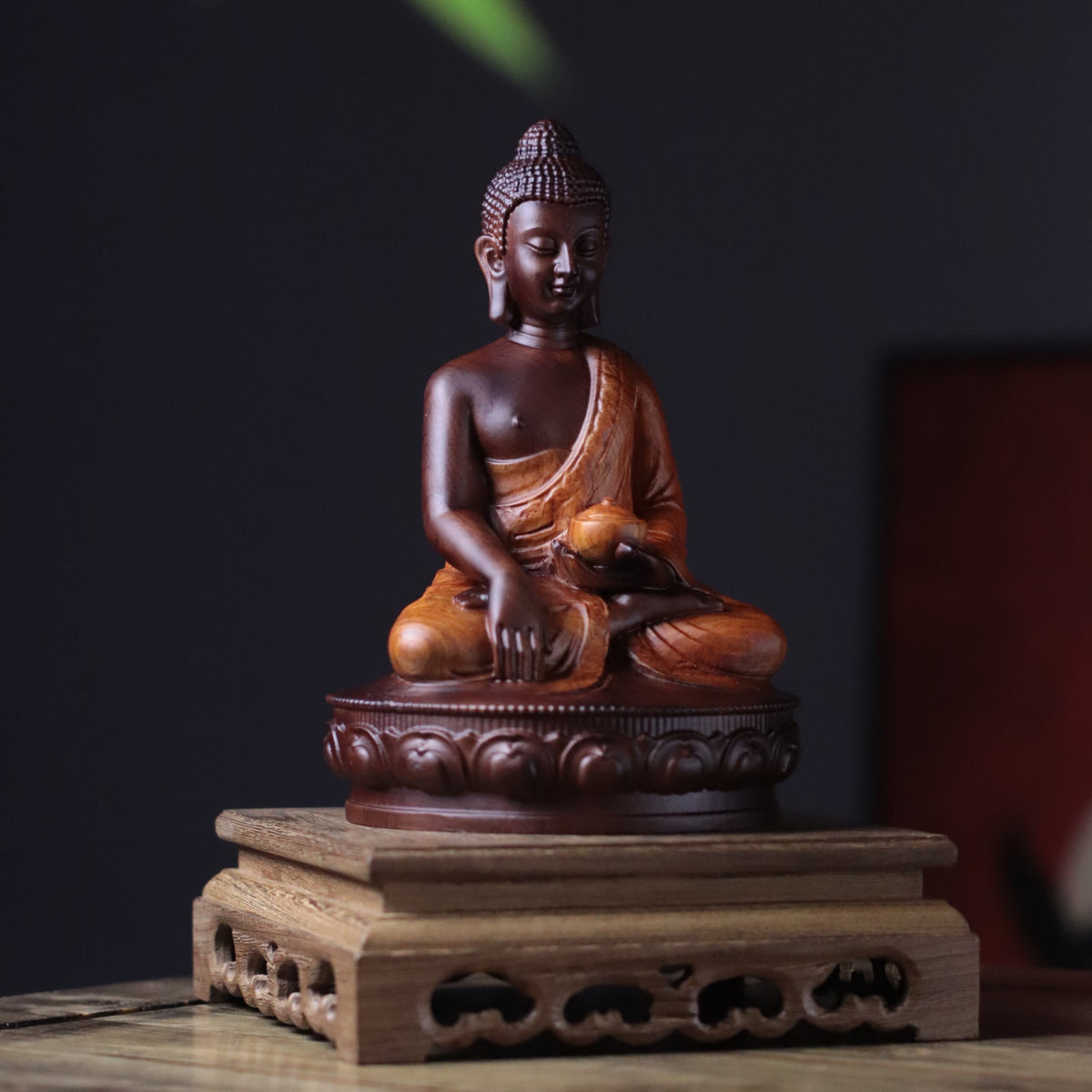 Buddha with Alms Bowl Statue in Padauk Wood — Product photo 5