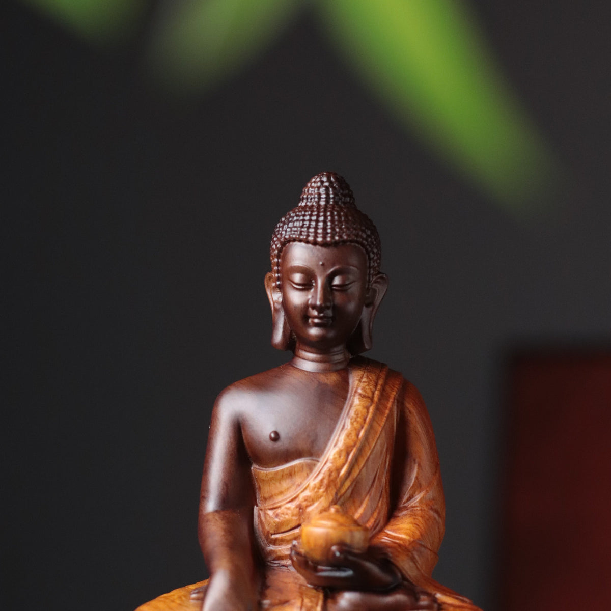 Buddha with Alms Bowl Statue in Padauk Wood — Product photo 6
