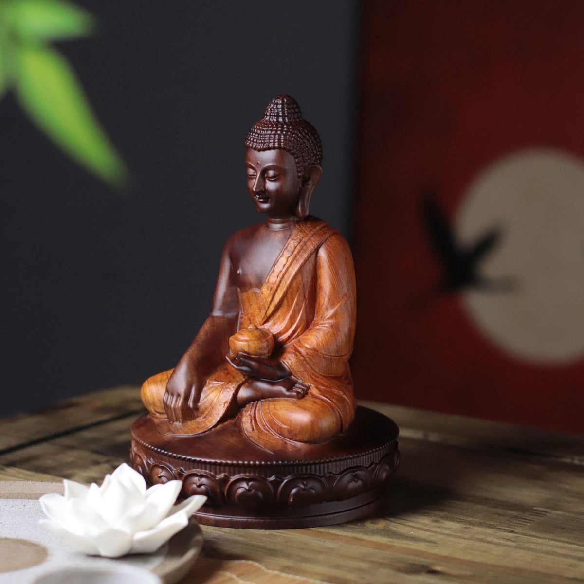 Buddha with Alms Bowl Statue in Padauk Wood — Product photo 3