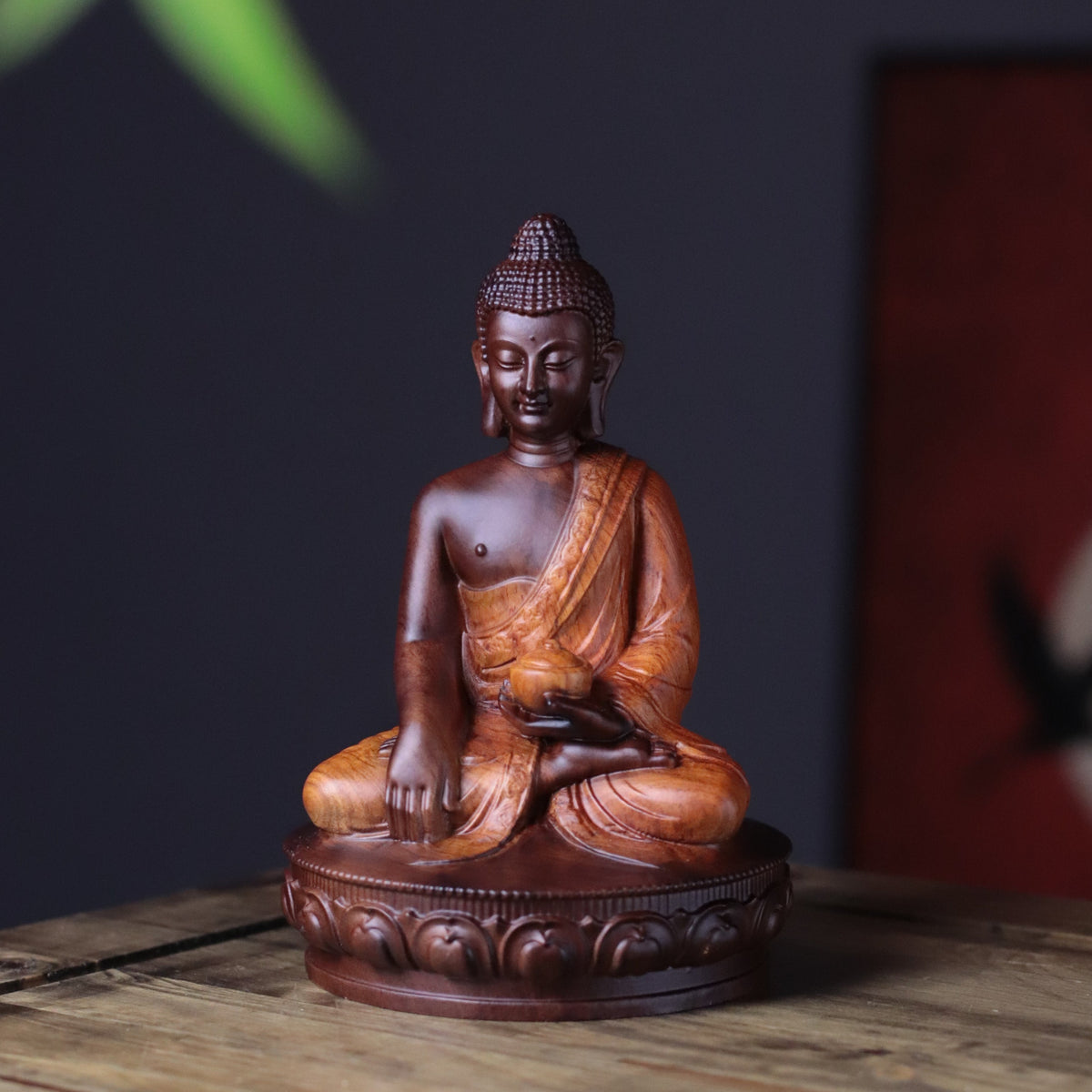Buddha with Alms Bowl Statue in Padauk Wood — Product photo 1