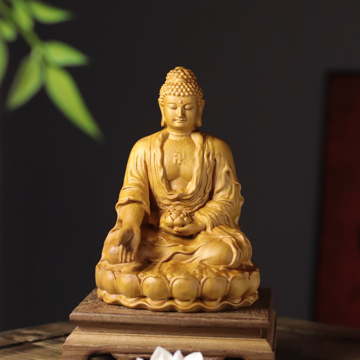Seated Amitabha Buddha with Lotus in Cypress Wood — Product photo 7