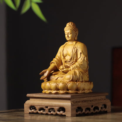 Seated Amitabha Buddha with Lotus in Cypress Wood — Product photo 6