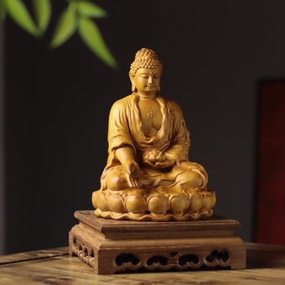 Seated Amitabha Buddha with Lotus in Cypress Wood — Product photo 5