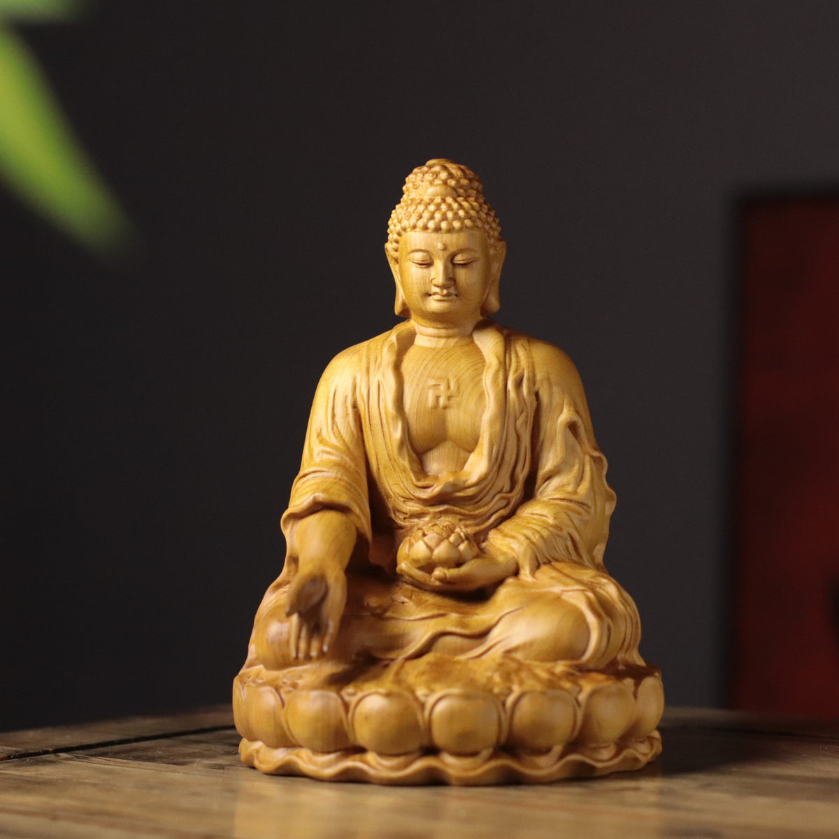 Seated Amitabha Buddha with Lotus in Cypress Wood — Product photo 3