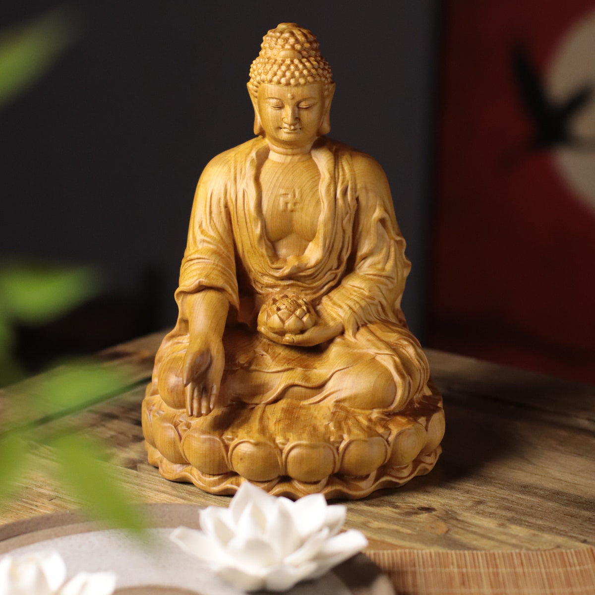 Seated Amitabha Buddha with Lotus in Cypress Wood — Product photo 4