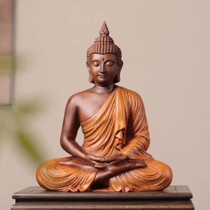 Brown & Gold Meditation Buddha in Padauk Wood — Product photo 6
