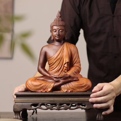 Brown & Gold Meditation Buddha in Padauk Wood — Product photo 1