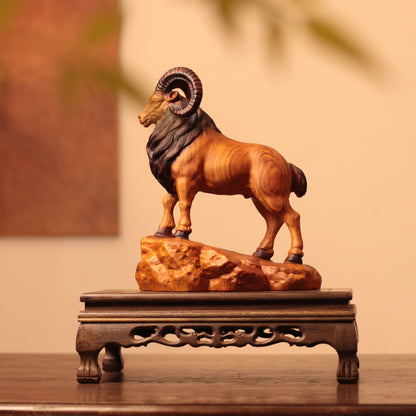 Spiral-Horn Goat on Rock in Padauk Wood