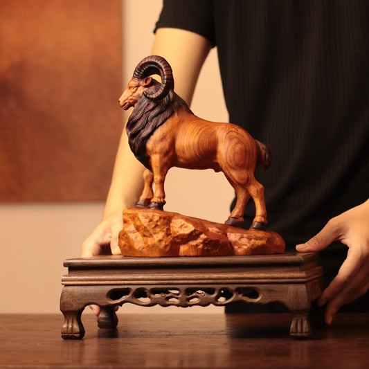 Spiral-Horn Goat on Rock in Padauk Wood