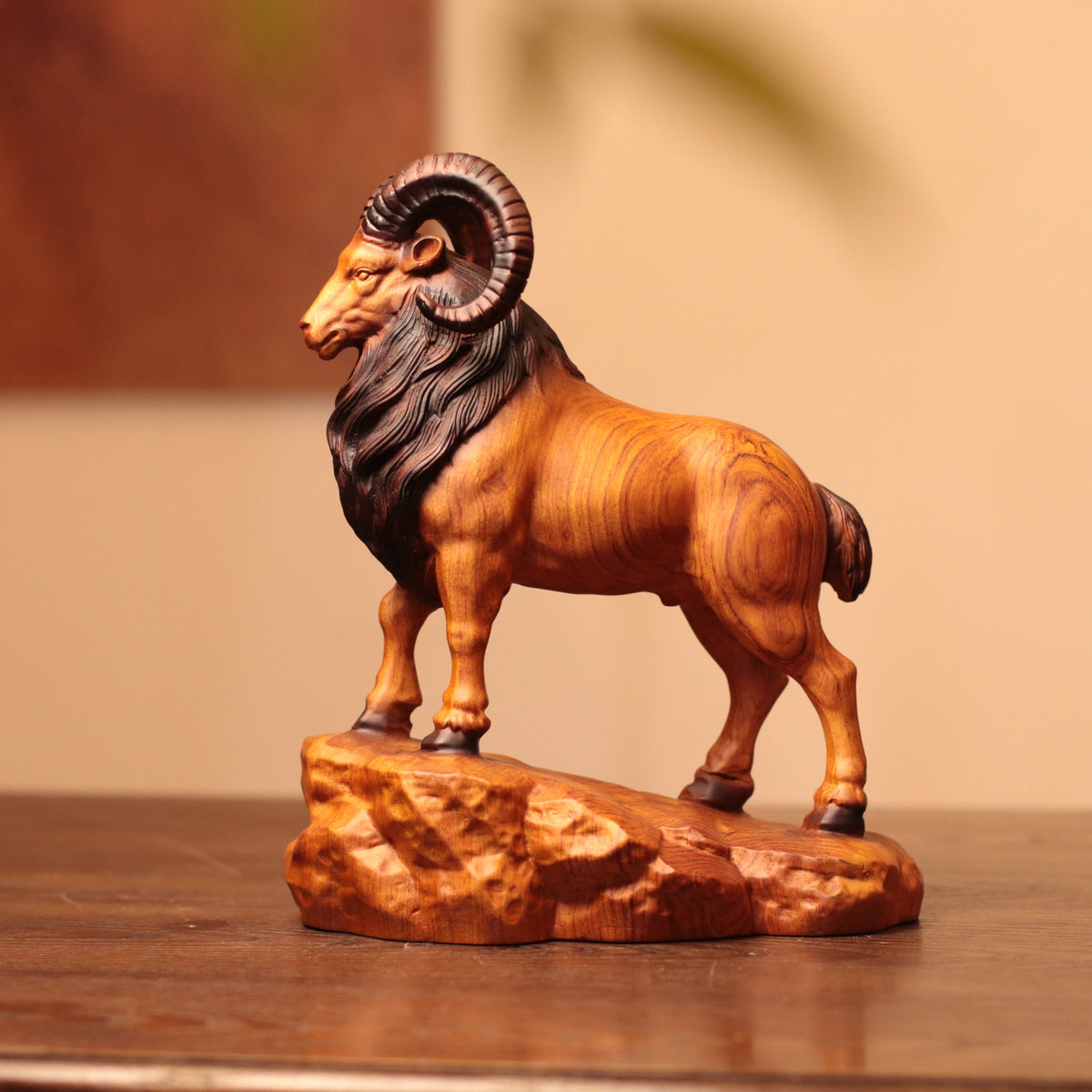 Spiral-Horn Goat on Rock in Padauk Wood
