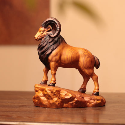 Spiral-Horn Goat on Rock in Padauk Wood