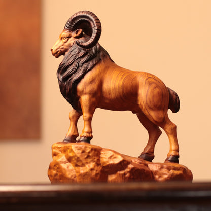 Spiral-Horn Goat on Rock in Padauk Wood