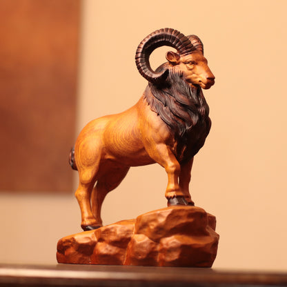 Spiral-Horn Goat on Rock in Padauk Wood