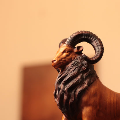 Spiral-Horn Goat on Rock in Padauk Wood