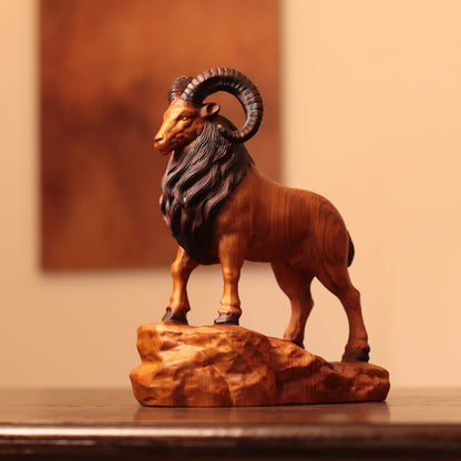 Spiral-Horn Goat on Rock in Padauk Wood