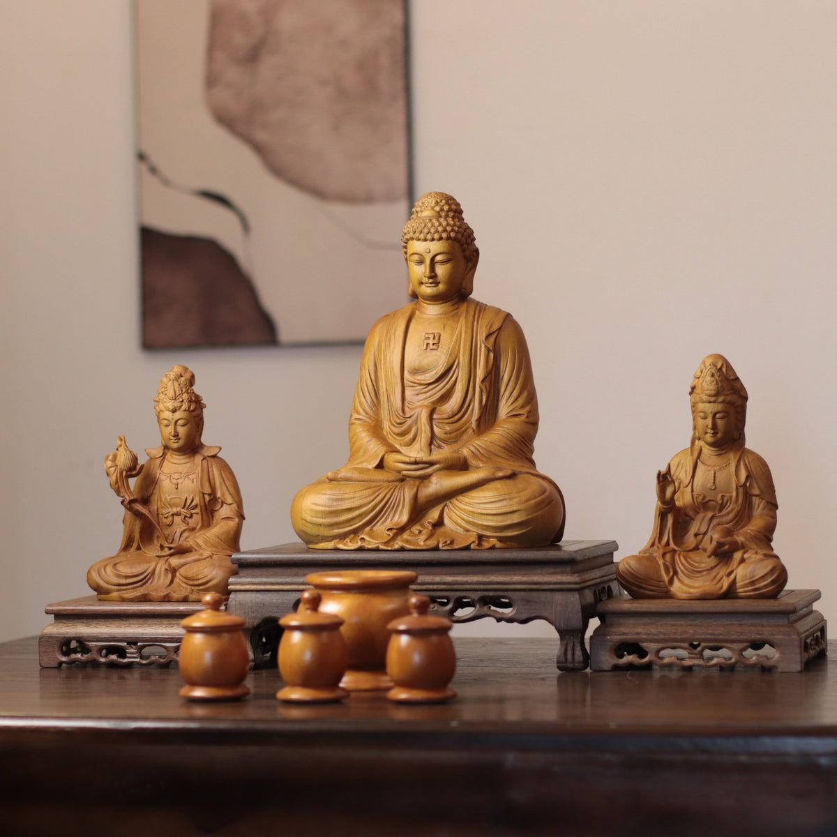 Amitabha, Guanyin & Mahasthamaprapta Cypress Statue Set