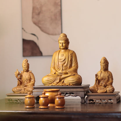 Amitabha, Guanyin & Mahasthamaprapta Cypress Statue Set
