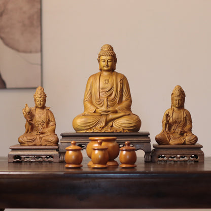 Amitabha, Guanyin & Mahasthamaprapta Cypress Statue Set