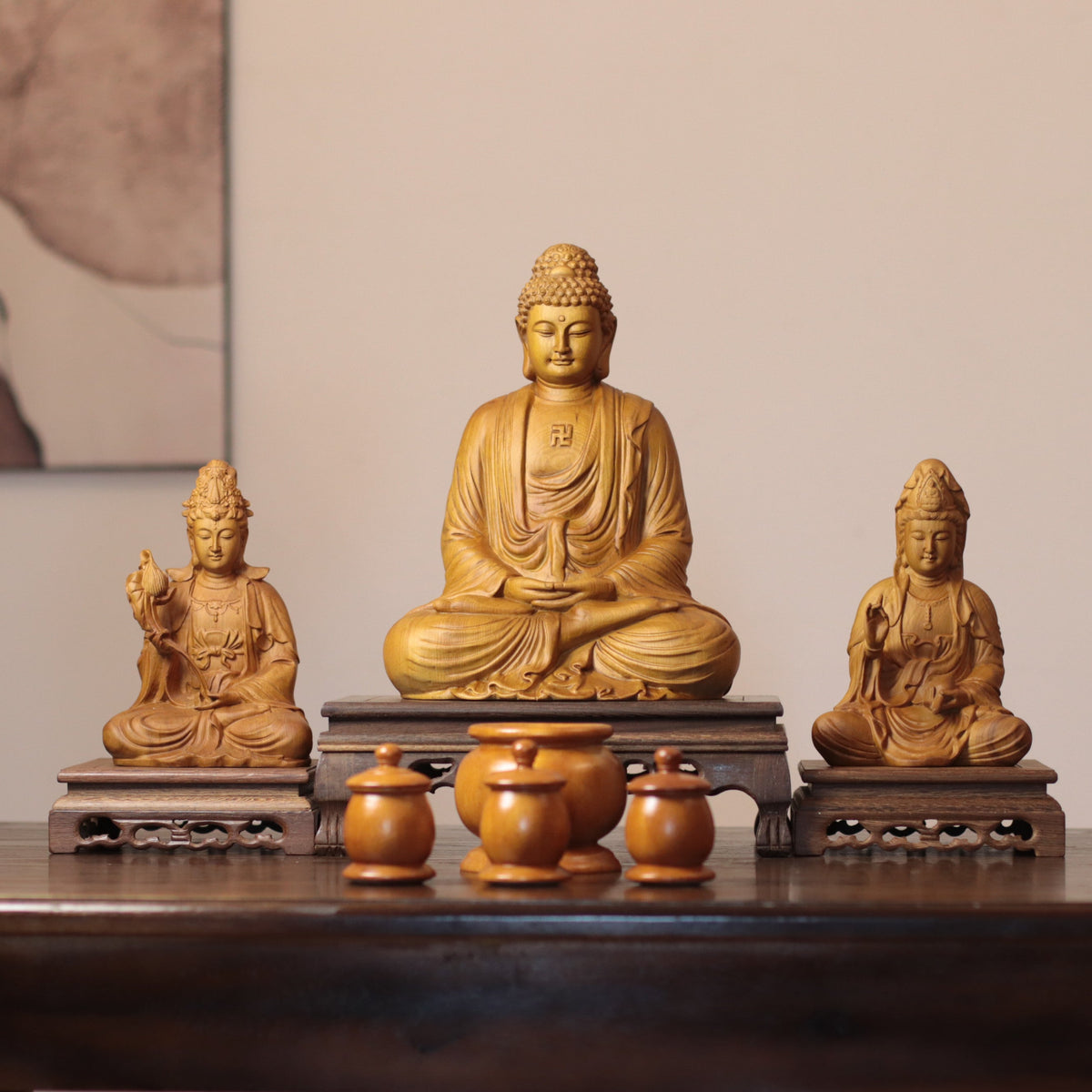 Amitabha, Guanyin & Mahasthamaprapta Cypress Statue Set