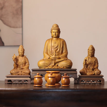 Amitabha, Guanyin & Mahasthamaprapta Cypress Statue Set