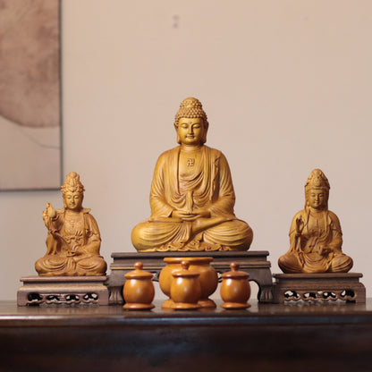 Amitabha, Guanyin & Mahasthamaprapta Cypress Statue Set