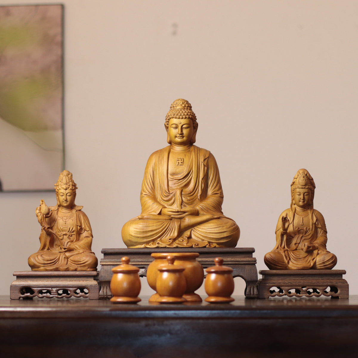 Amitabha, Guanyin & Mahasthamaprapta Cypress Statue Set