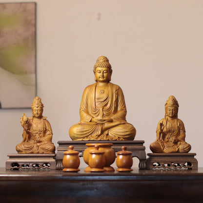 Amitabha, Guanyin & Mahasthamaprapta Cypress Statue Set