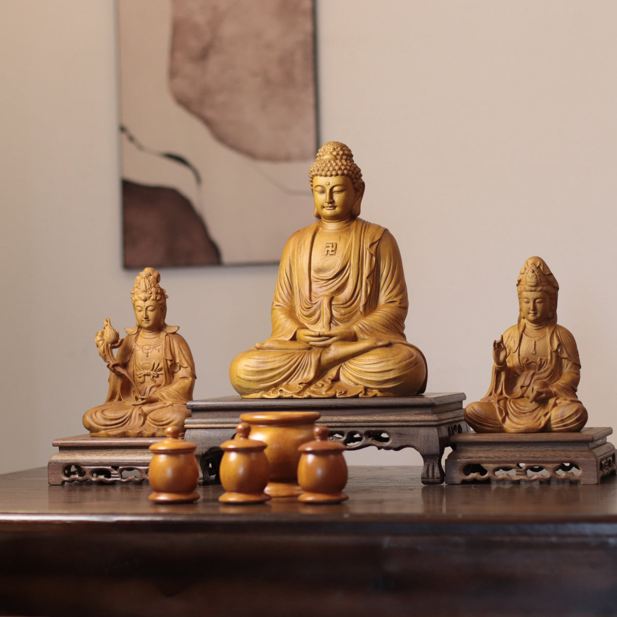 Amitabha, Guanyin & Mahasthamaprapta Cypress Statue Set